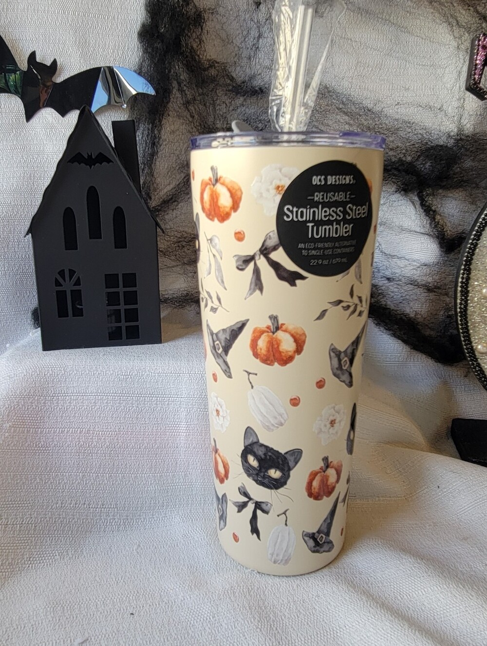 Stainless Steel Tumbler with Halloween Cat & Pumpkin Print